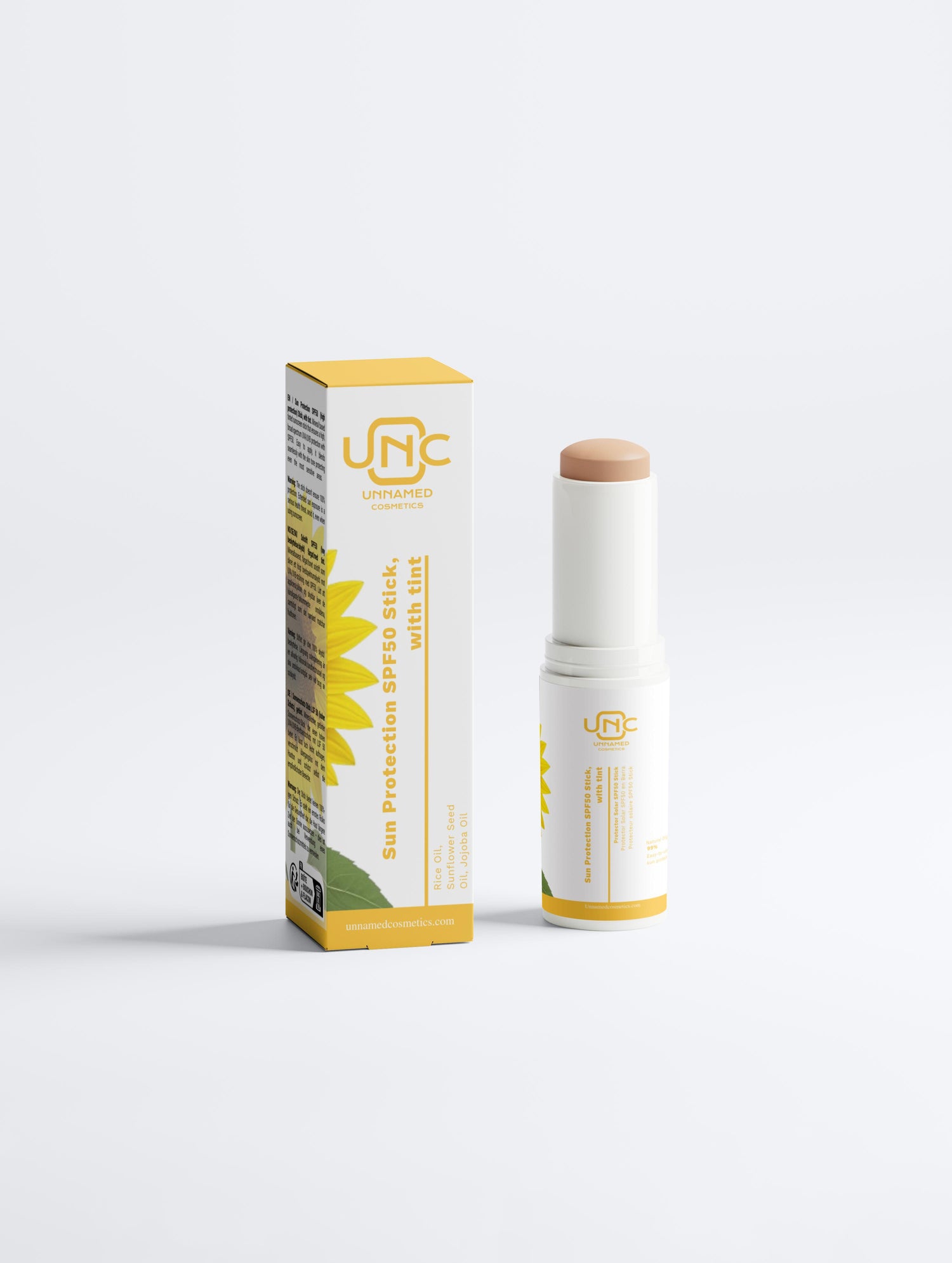 Protetor Solar Mineral Facial em bastao da Unnamed Cosmetics com embalagem branca e amarela