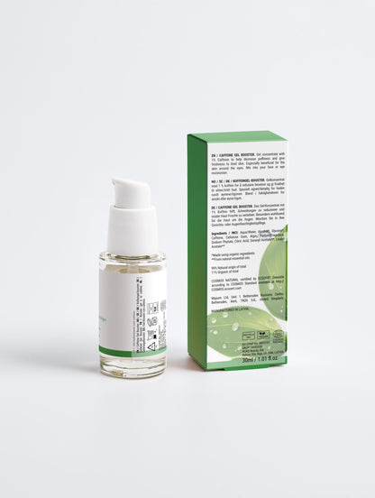 Gel Concentrado com 1 por cento Cafeina booster em embalagem transparente com valvula e caixa verde