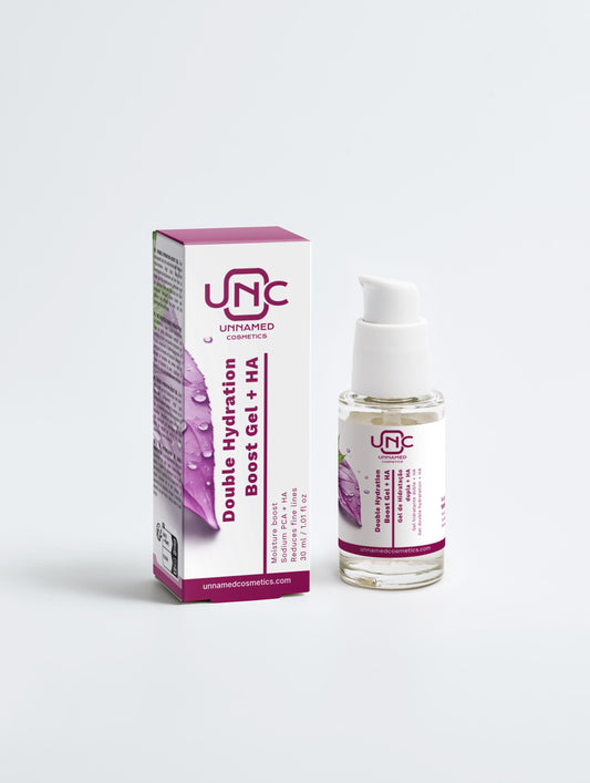 Gel Hidratante com Acido Hialuronico Unnamed Cosmetics embalagem branca e roxa com frasco transparente