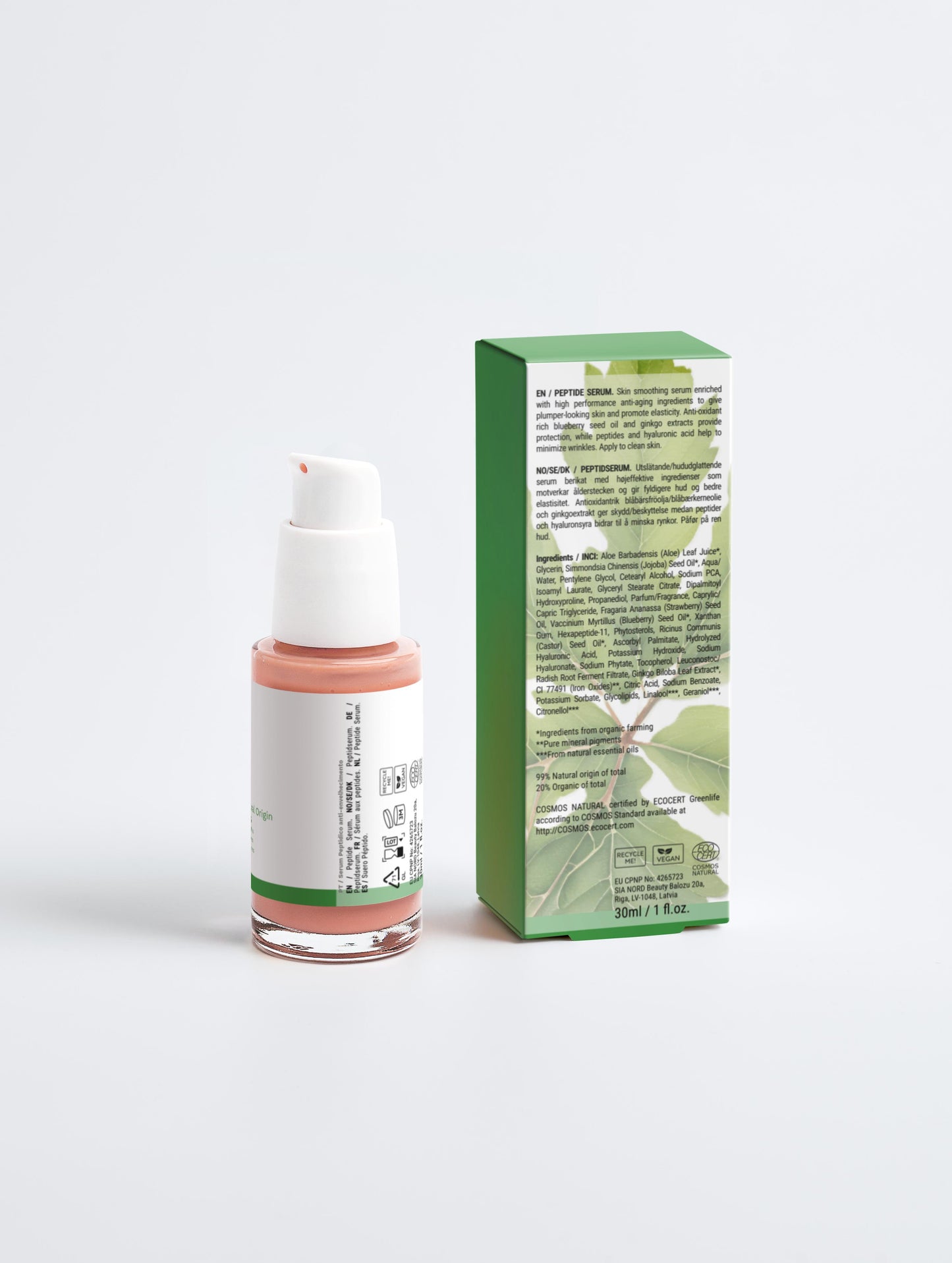 Serum Anti-Idade com Peptideos e Acido Hialuronico em frasco com aplicador ao lado da embalagem verde