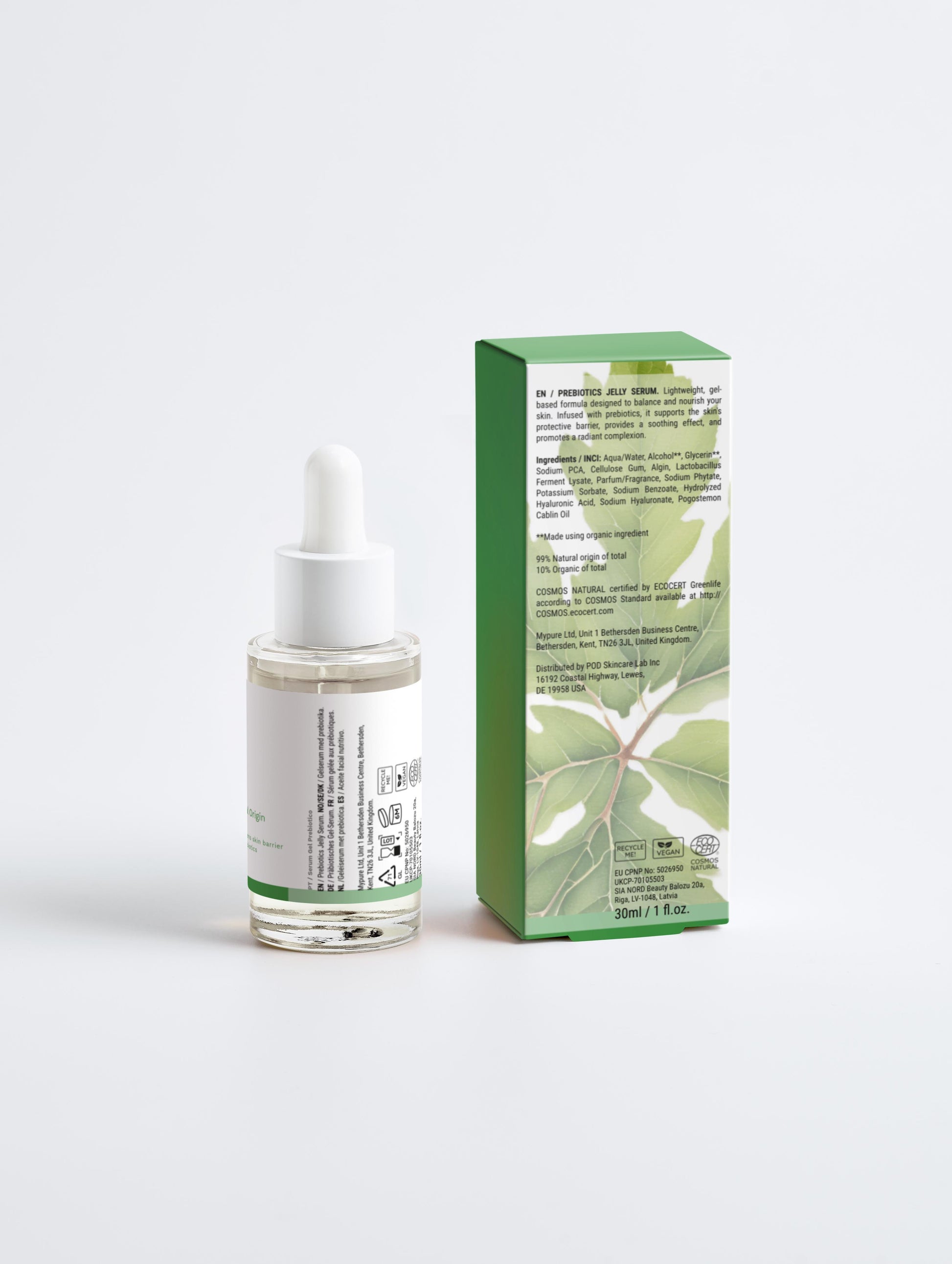 Serum Prebiotico Reparador Unnamed Cosmetics Reparador ao lado de embalagem verde com ilustração de folhas